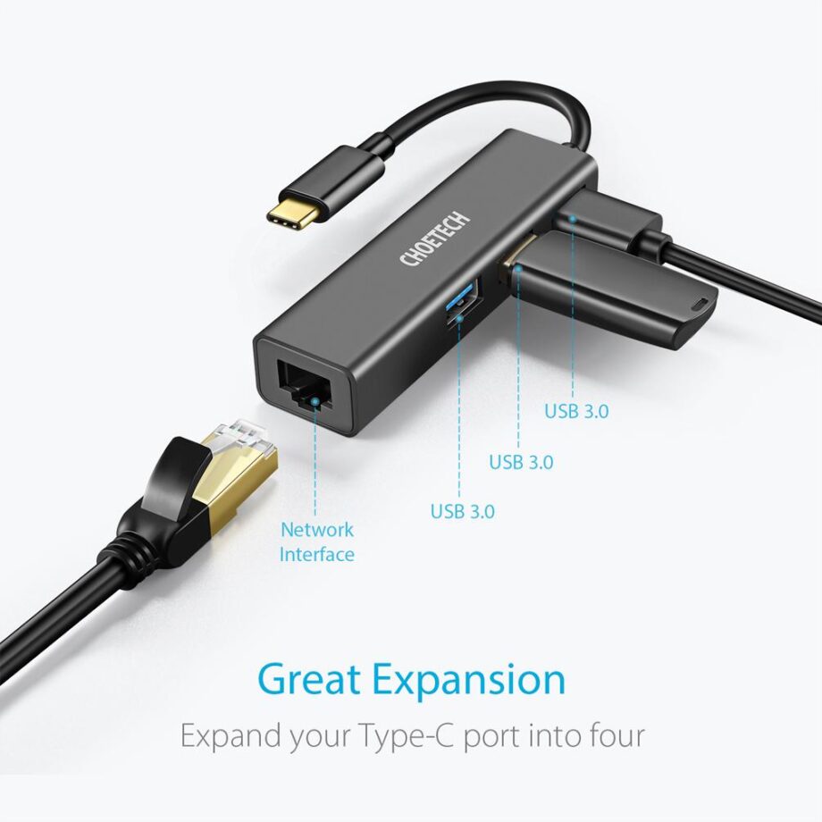 Choetech USB C to Ethernet Adapter Hub with 3-Port USB 3.0