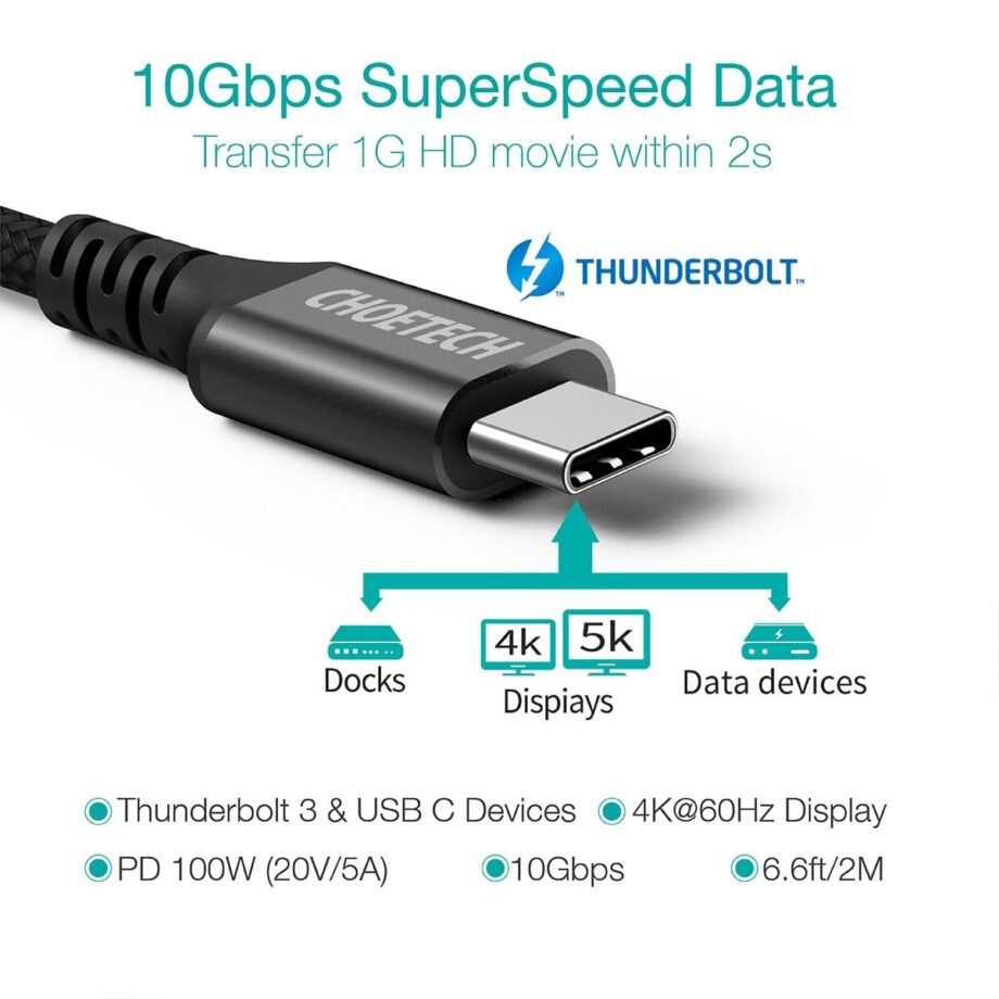 Choetech 100W USB Type C 3.1 Gen2 Braided Fast Charging Cable - 2M