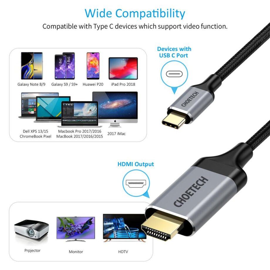 Choetech USB C To HDMI Cable(4K@60Hz) - 1.8M