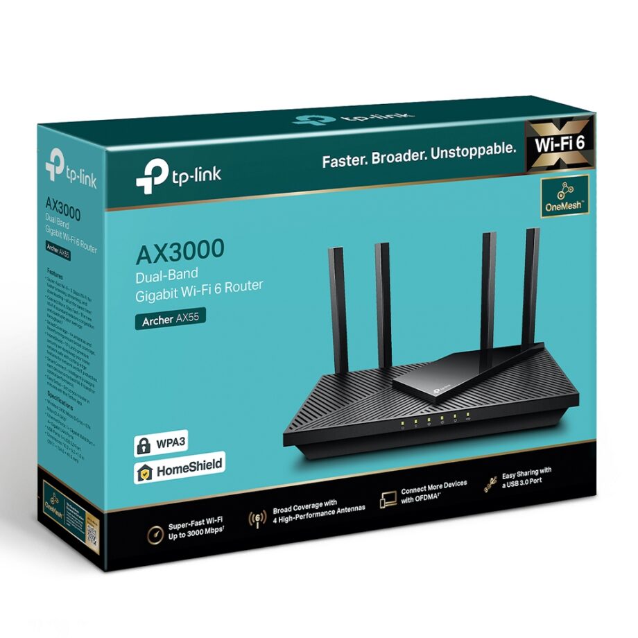 TP-Link AX3000 Dual Band Gigabit Wi-Fi 6 Router (Archer AX55)