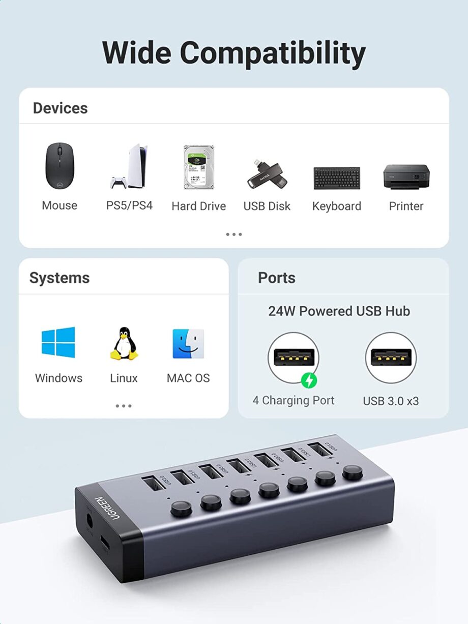 UGREEN USB 3.0 7 Port Individual Splitter Hub (4 USB Smart Charging Hub Switch）
