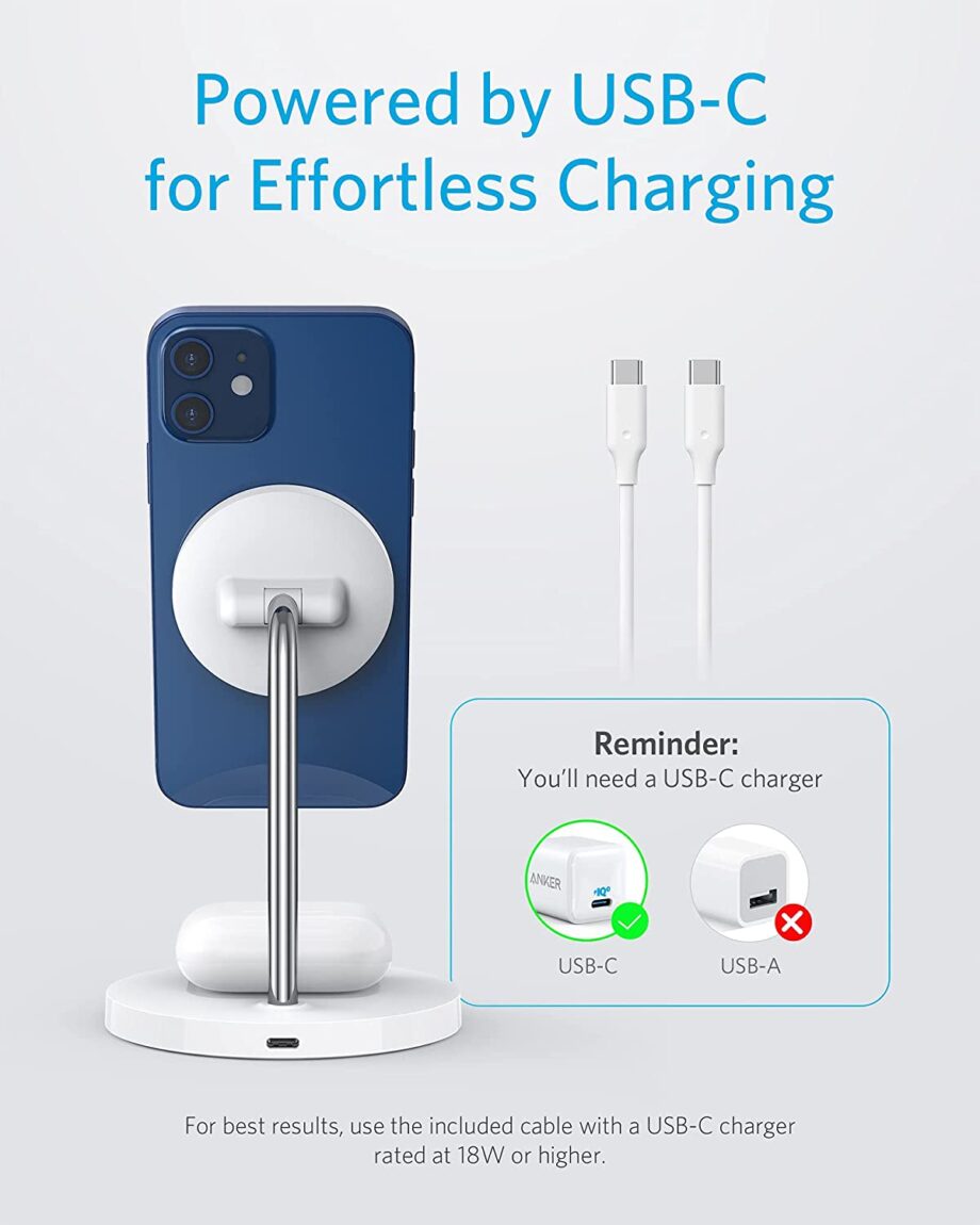 Anker PowerWave Magnetic 2-in-1 Wireless Charger and Stand - White