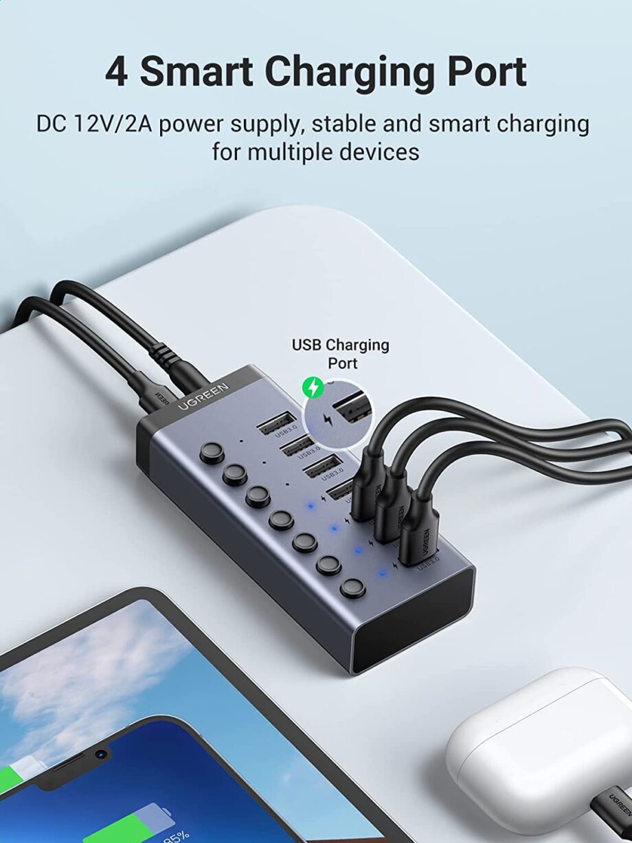 UGREEN USB 3.0 7 Port Individual Splitter Hub (4 USB Smart Charging Hub Switch）