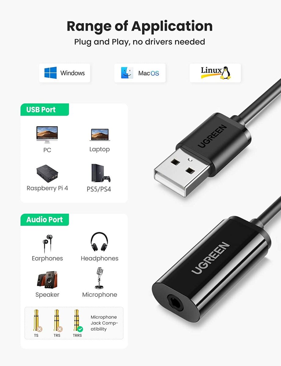 UGREEN 3.5mm to USB External Sound Card Audio Adapter