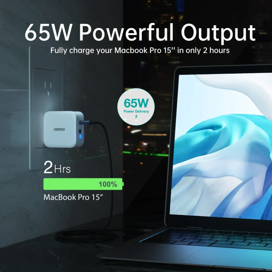 Choetech 65W 2-Port PD GaN Tech USB C Fast Charging Adapter