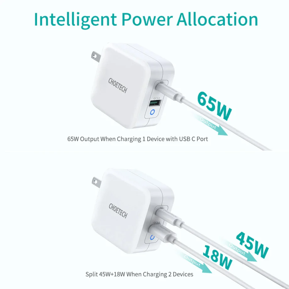Choetech 65W 2-Port PD GaN Tech USB C Fast Charging Adapter