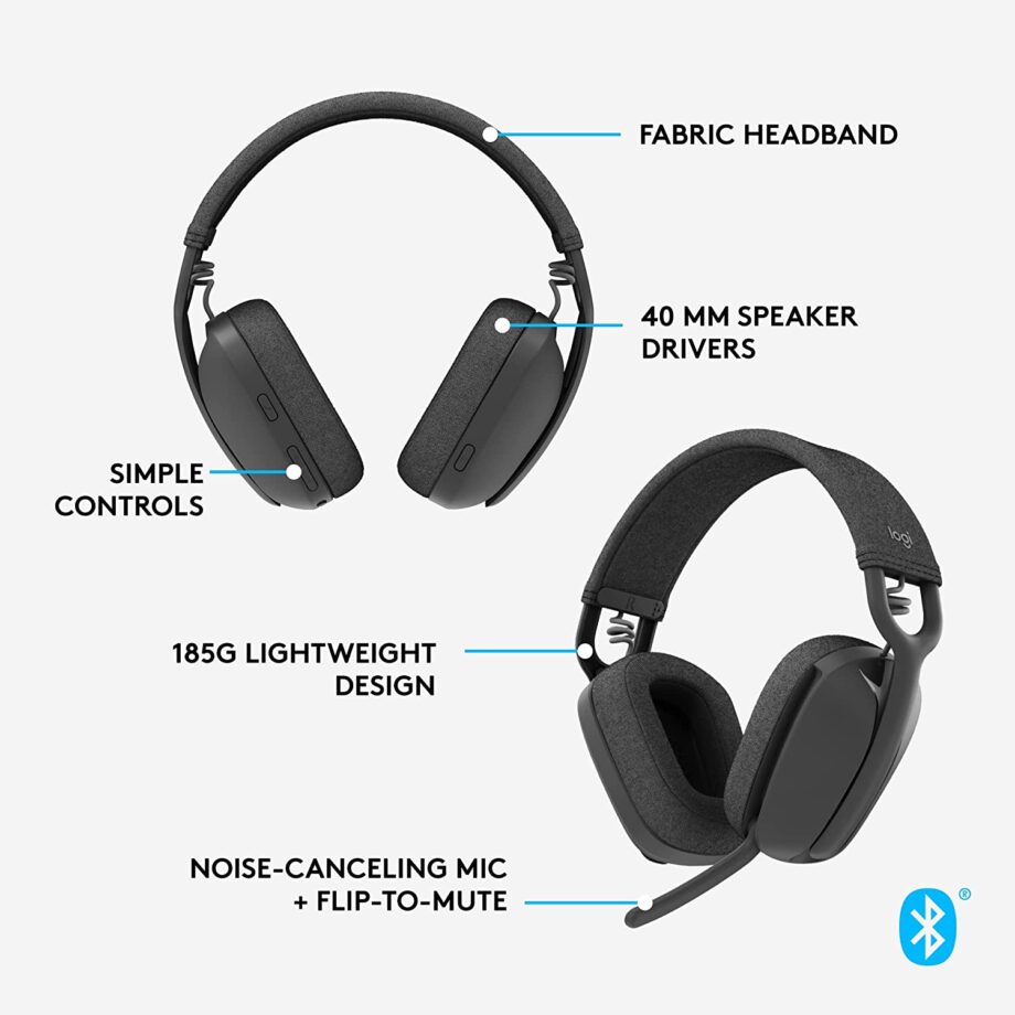 Logitech Zone Vibe 100 Wireless Over-Ear Headphones with Noise Canceling Mic- Graphite