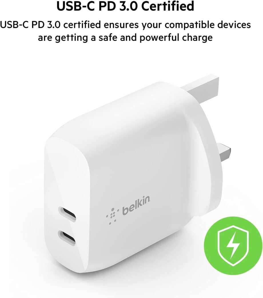Belkin 40W 2-Port USB C PD 20W Each Fast Charger - White