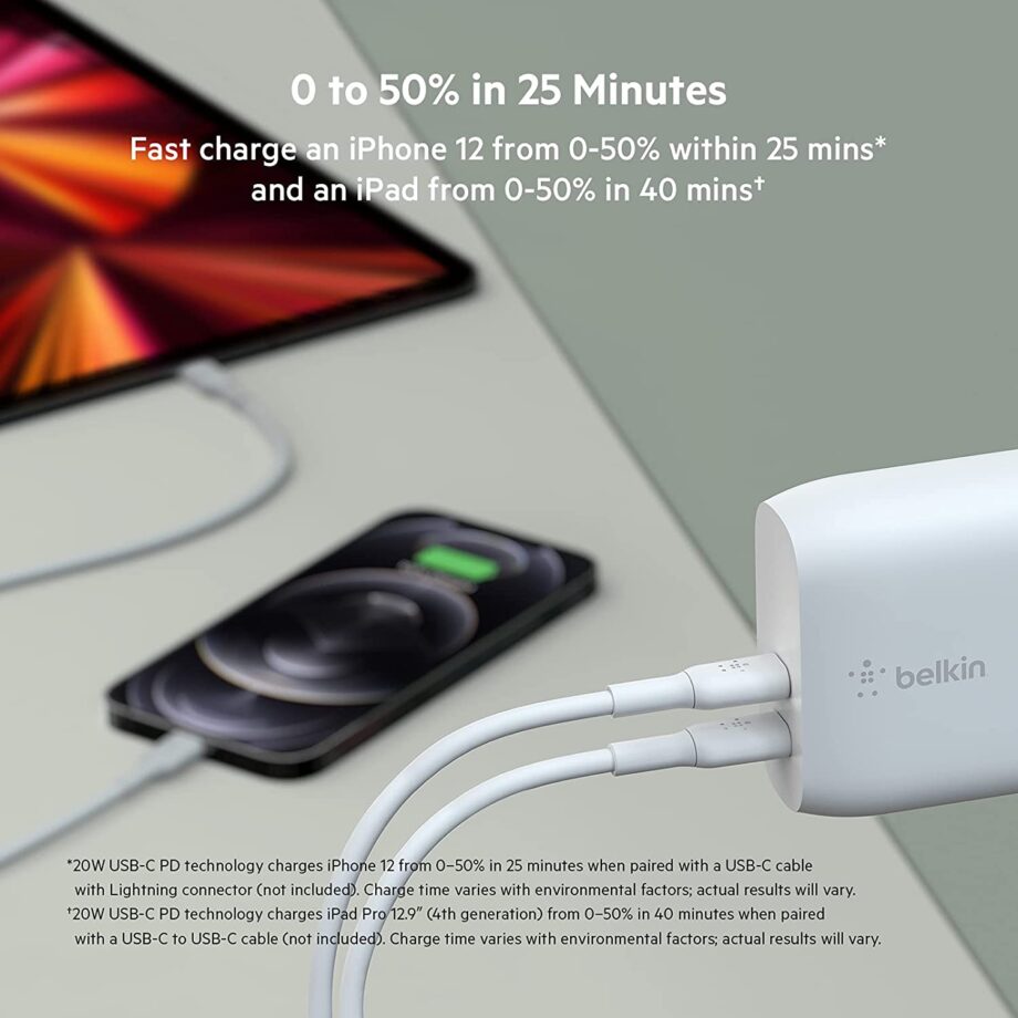 Belkin 40W 2-Port USB C PD 20W Each Fast Charger - White