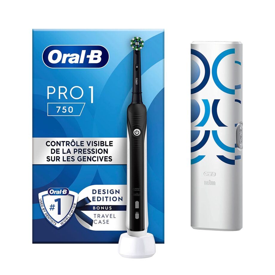 Oral-B by Braun Pro 1 750 Electric Toothbrush with 3D Technology & Travel Case - Black