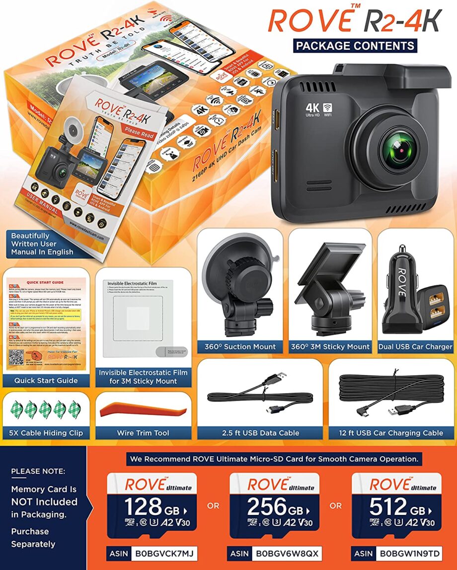 Rove R2 4K 2.4" LCD Dash Cam Recorder with Built in WiFi and GPS