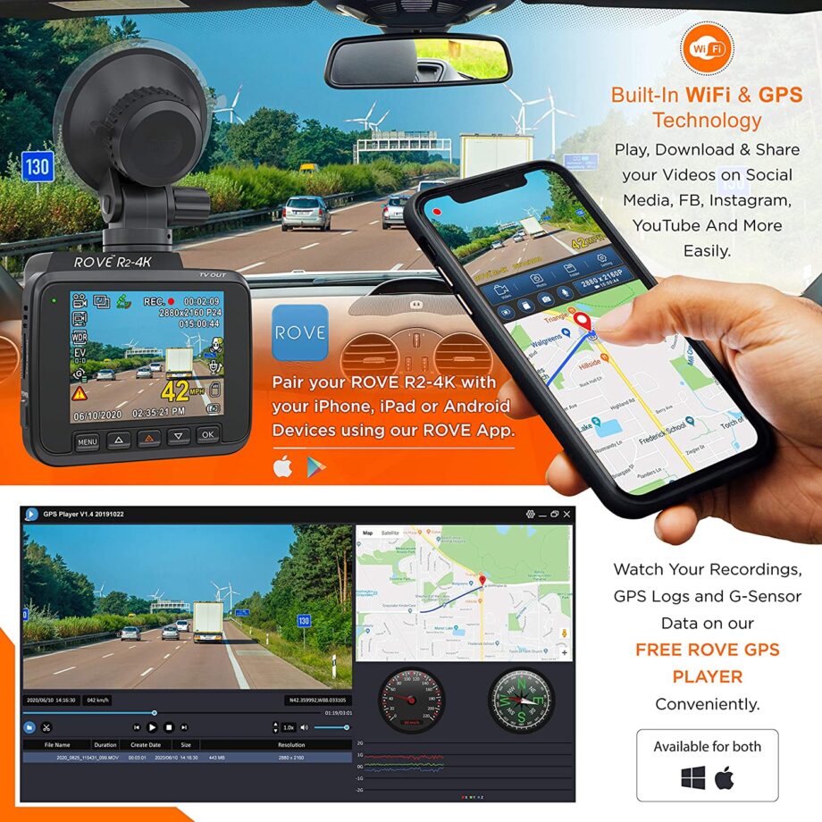 Rove R2 4K 2.4" LCD Dash Cam Recorder with Built in WiFi and GPS