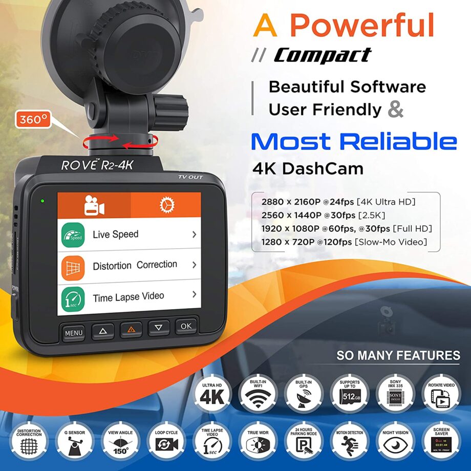 Rove R2 4K 2.4" LCD Dash Cam Recorder with Built in WiFi and GPS