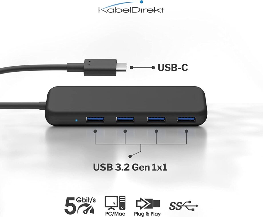 KabelDirekt Type-C to 4-Port USB 3.0 Slim Design Hub