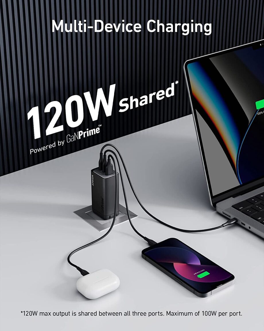 Anker 737 GaNPrime 120W 3-Port Fast Compact Foldable Wall Charger - Black