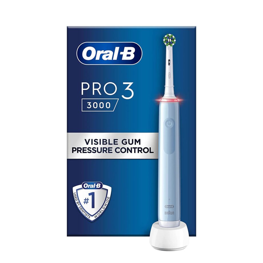 Oral-B by Braun Pro 3 3000 Electric Toothbrush with Smart Pressure Sensor & 2 Brush Heads - Blue