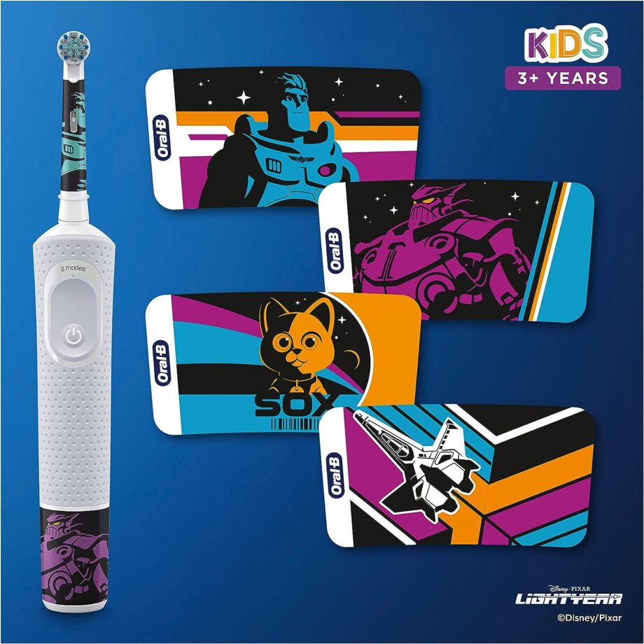 Oral-B by Braun Kids Rechargeable Electric Toothbrush with 4 Disney Lightyear Themed Stickers & Travel Case