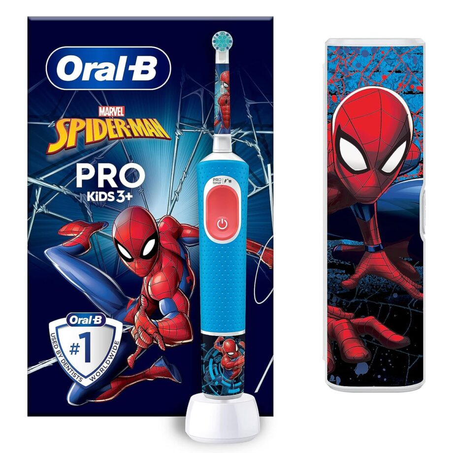 Oral-B by Braun Pro Kids Rechargeable Electric Toothbrush with 4 Spider-Man Marvel Themed Stickers & Travel Case