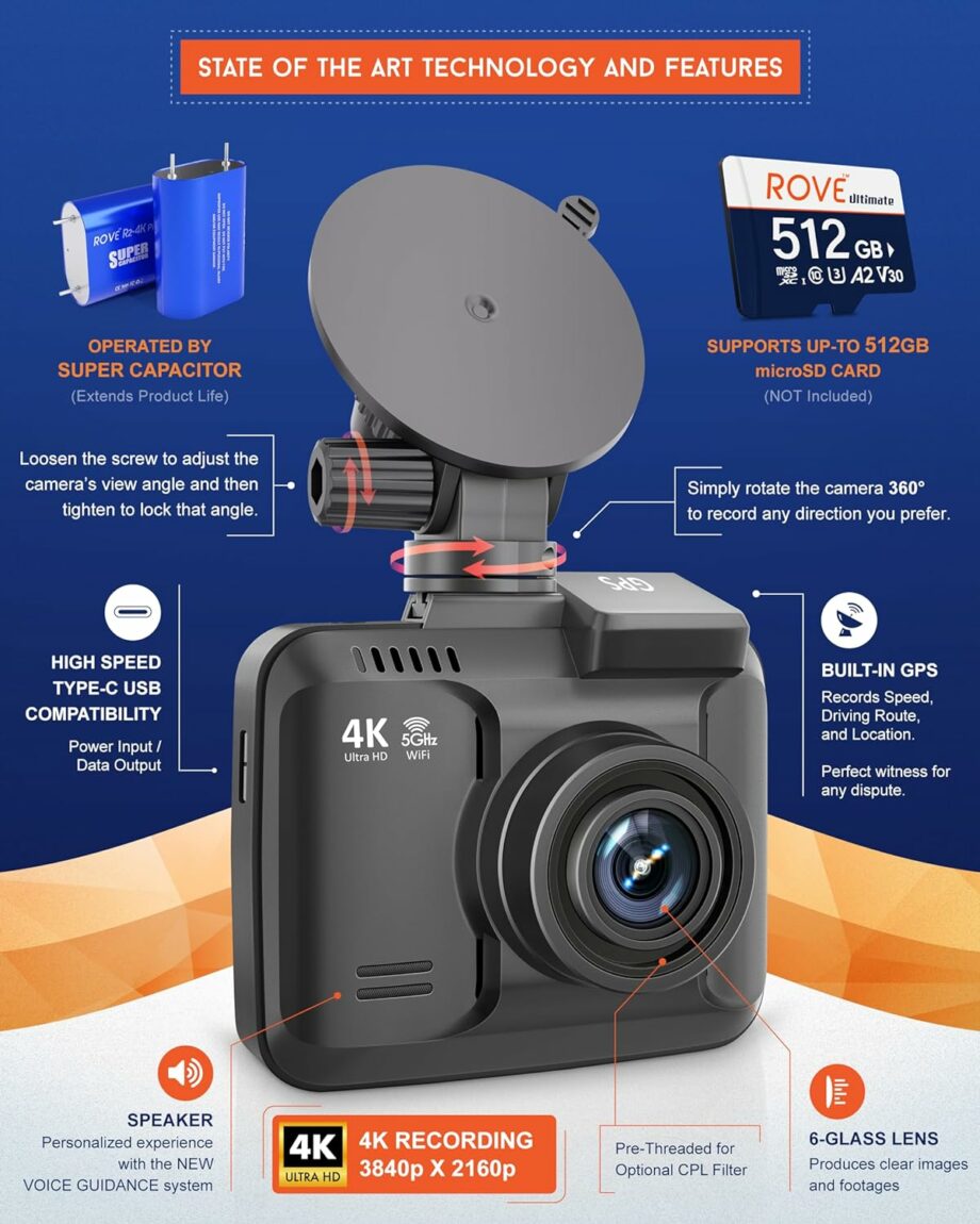 Rove R2 4K PRO 2.4" LCD Dash Cam Recorder with Built in WiFi and GPS