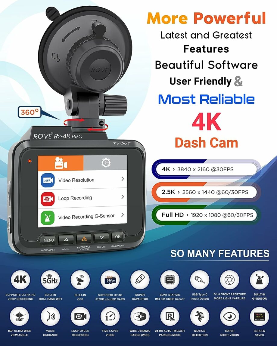 Rove R2 4K PRO 2.4" LCD Dash Cam Recorder with Built in WiFi and GPS