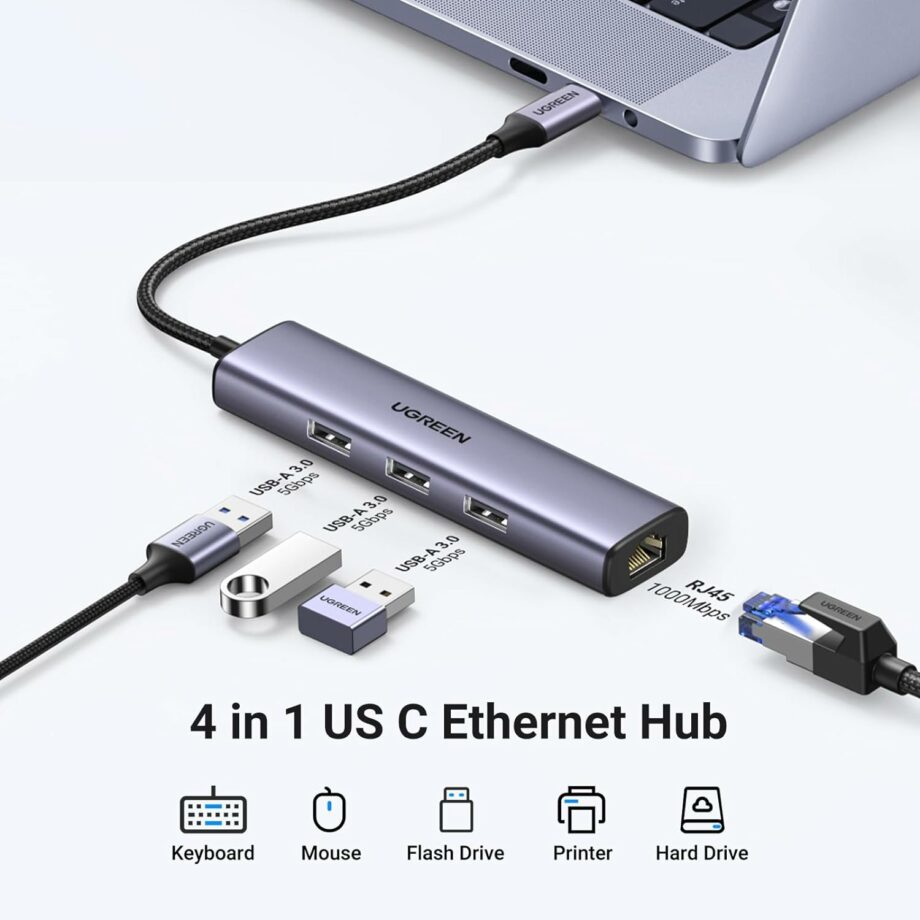 UGREEN USB C to Gigabit Ethernet with 3-Port USB 3.0 Adapter Hub