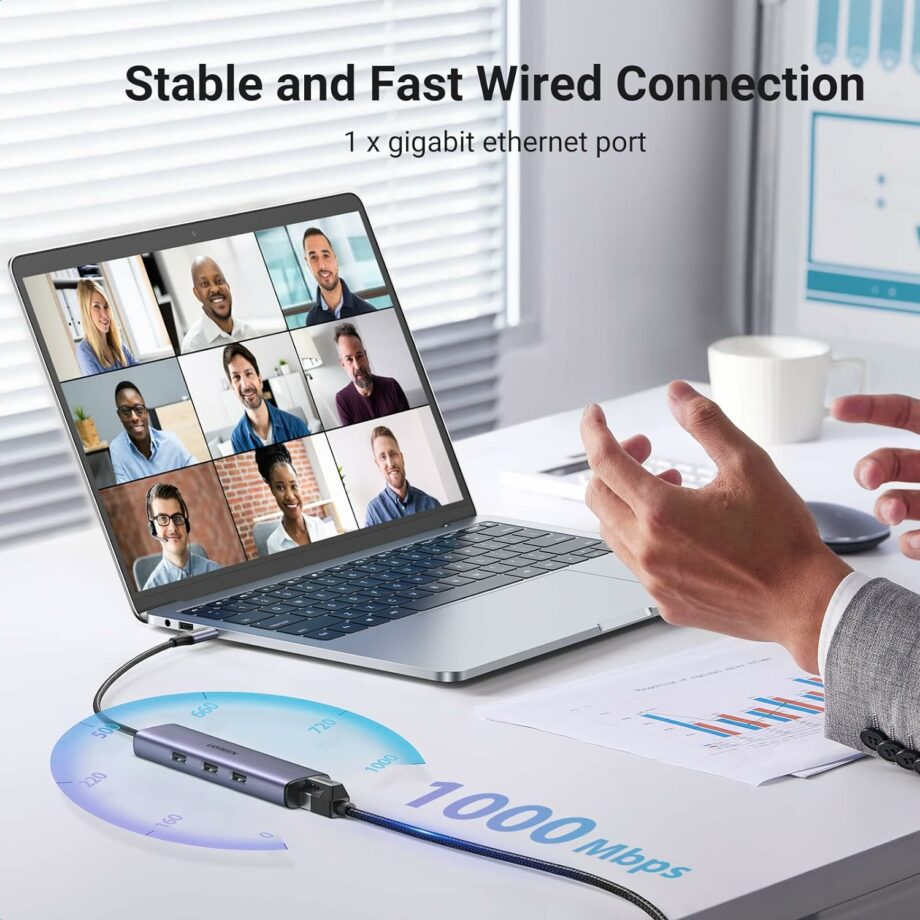 UGREEN USB C to Gigabit Ethernet with 3-Port USB 3.0 Adapter Hub