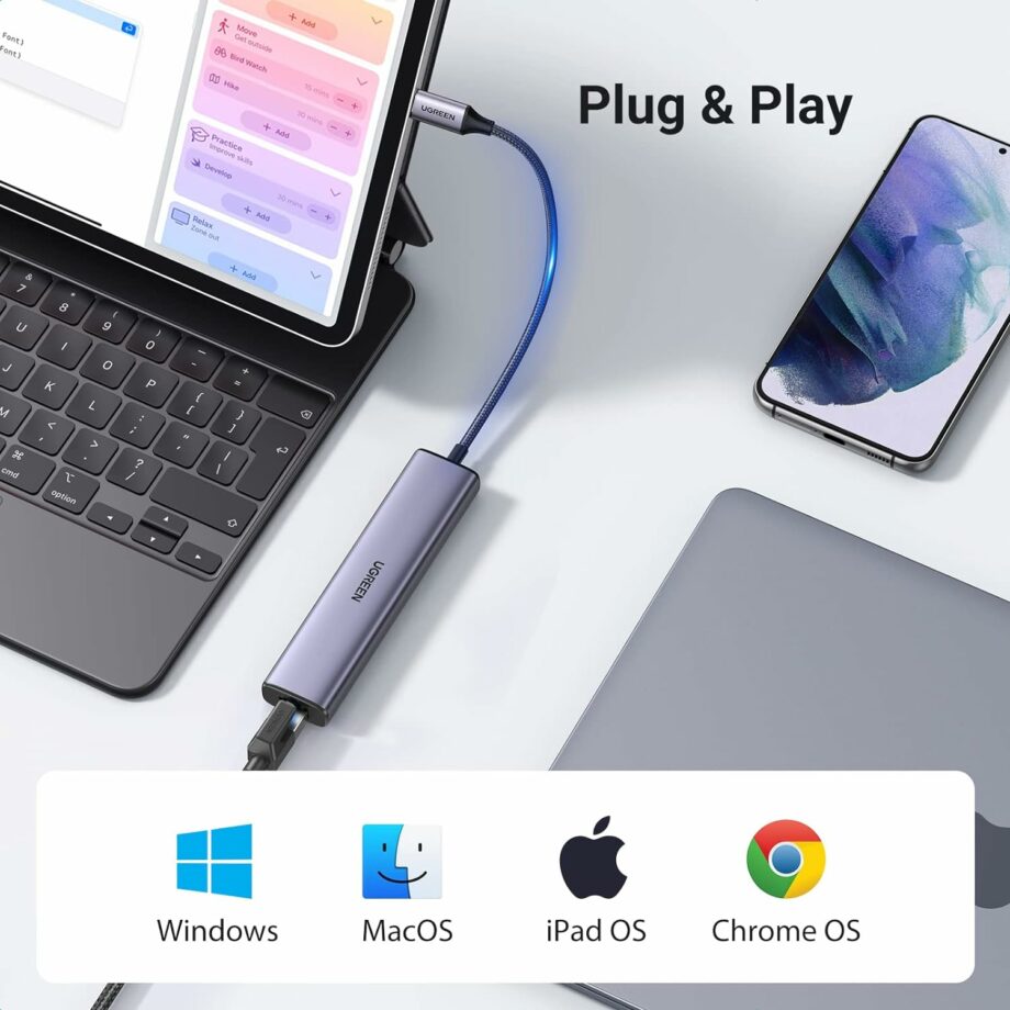UGREEN USB C to Gigabit Ethernet with 3-Port USB 3.0 Adapter Hub