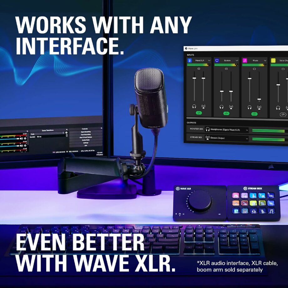 Elgato Wave DX Dynamic XLR Microphone Speech optimised for Podcasting, Streaming, Broadcasting