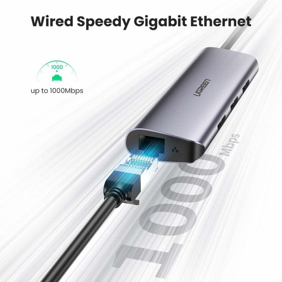 UGREEN USB C to Gigabit Ethernet with 3-Port USB 3.0 Adapter Hub with Power