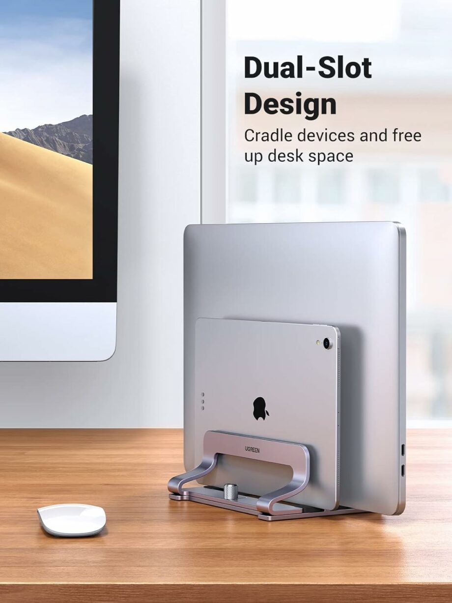 UGREEN Dual Vertical Aluminum Laptop Stand Dock for Up to 17.3 Inch - Silver Gray