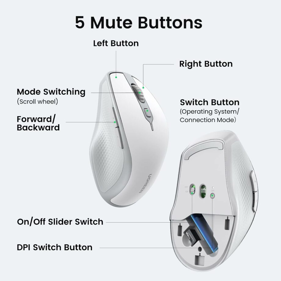 UGREEN Ergonomic Bluetooth 5.0 & 2.4Ghz Wireless Mouse - White