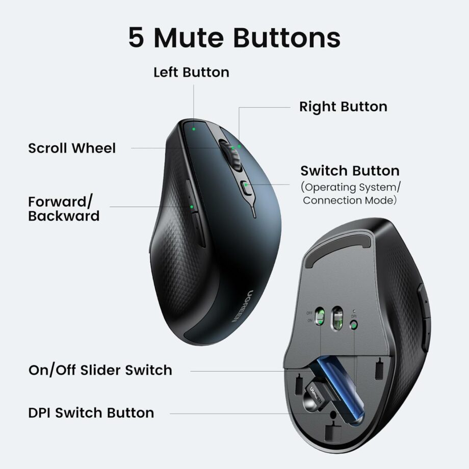 UGREEN Ergonomic Bluetooth 5.0 & 2.4Ghz Wireless Mouse - Blue