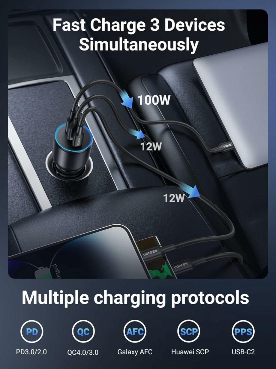 UGREEN 130W USB C 3-Port Car Charger