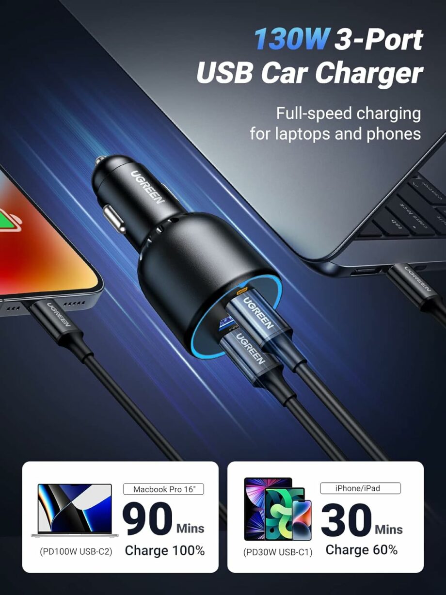 UGREEN 130W USB C 3-Port Car Charger