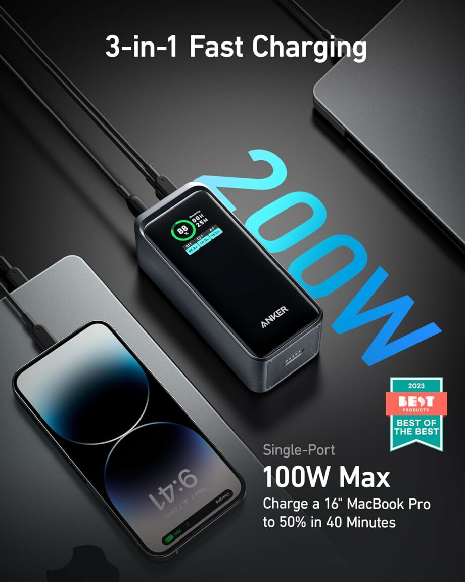 Anker Prime 20,000mAh 200W 2 USB-C and 1 USB-A Port Power Bank