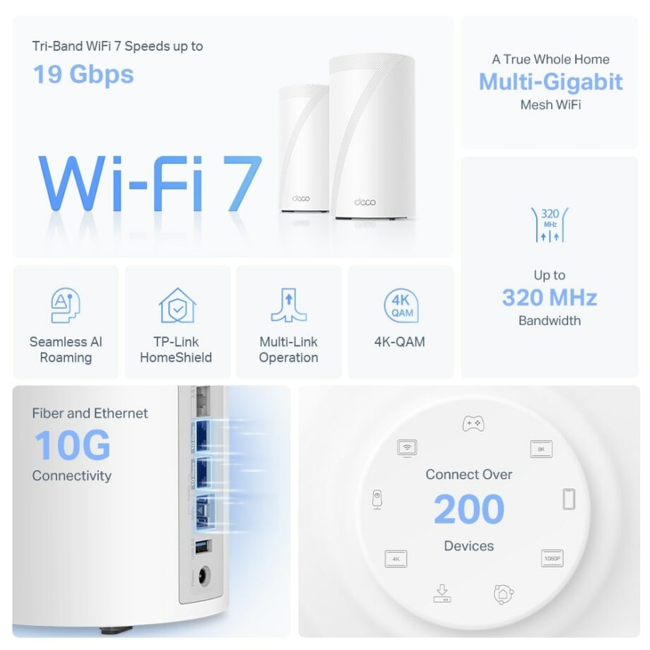 TP-Link Deco BE85 BE19000 Whole Home Mesh Tri-Band WiFi 7 System (2-Pack)