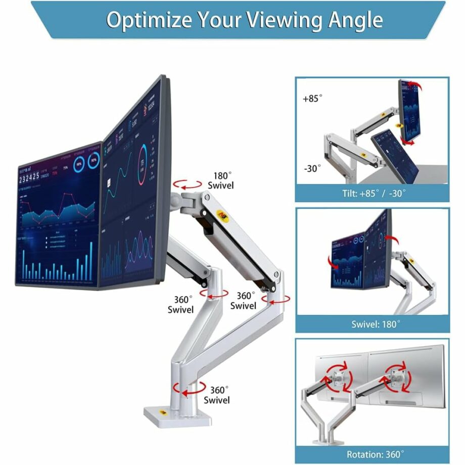 North Bayou G32 Dual Monitor Arm with Gas Spring for 22-32'' Monitors - Silver