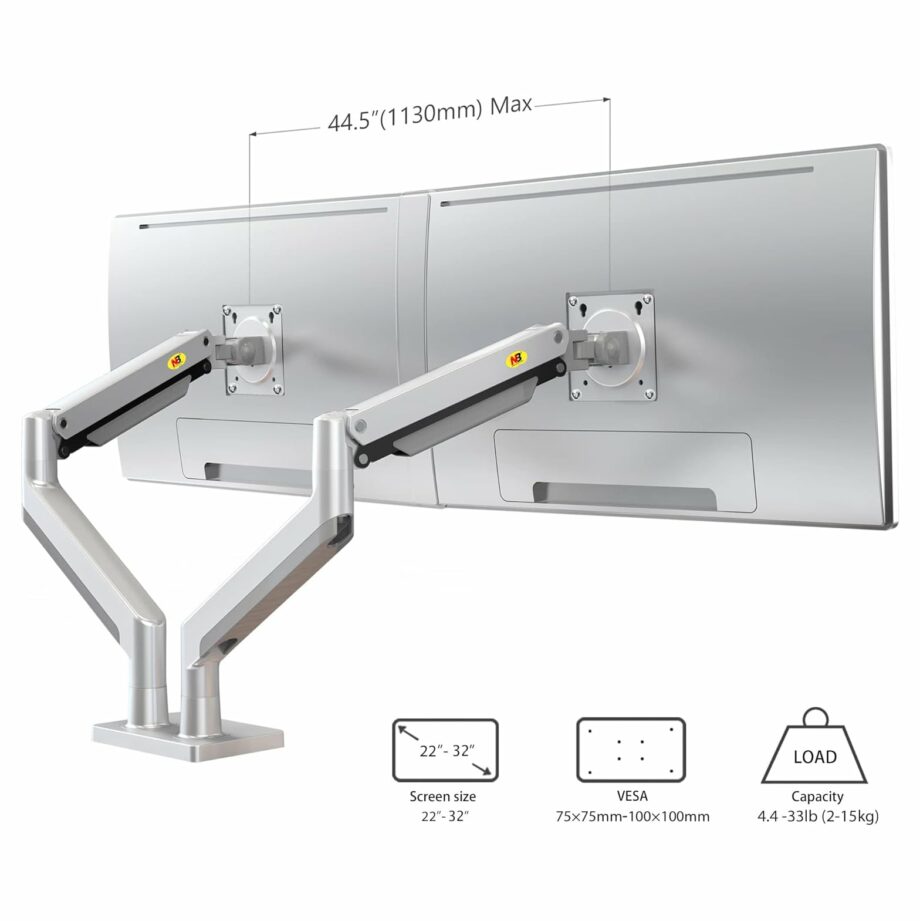 North Bayou G32 Dual Monitor Arm with Gas Spring for 22-32'' Monitors - Silver