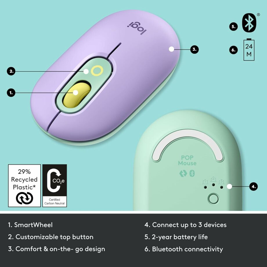 Logitech POP Mouse Wireless Mouse with Customizable Emojis and SilentTouch - Daydream Mint