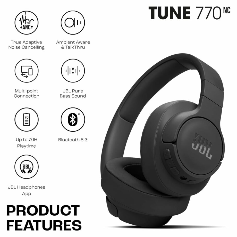 JBL Tune 770NC Wireless Adaptive Noise Cancelling Over-Ear Headset - White