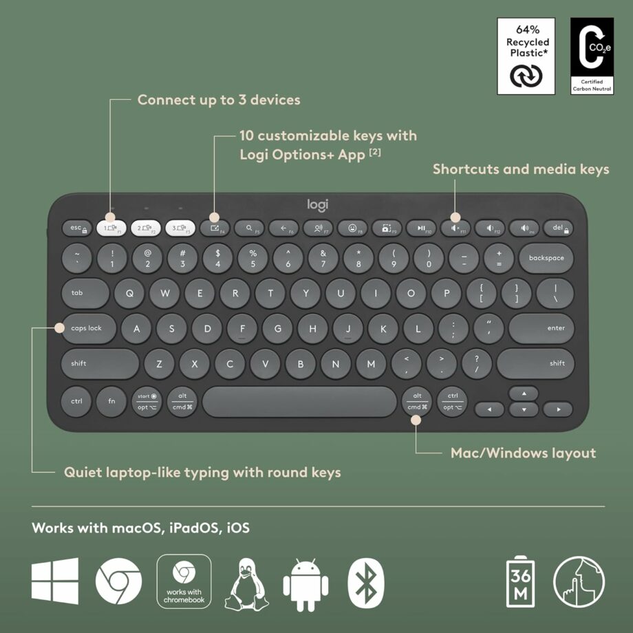 Logitech Pebble Keys 2 K380s Multi-Device Bluetooth Keyboard – Graphite