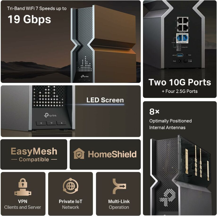 TP-Link BE19000 Tri-Band Wi-Fi 7 Router with 2×10G + 4×2.5G Ports (Archer BE800)