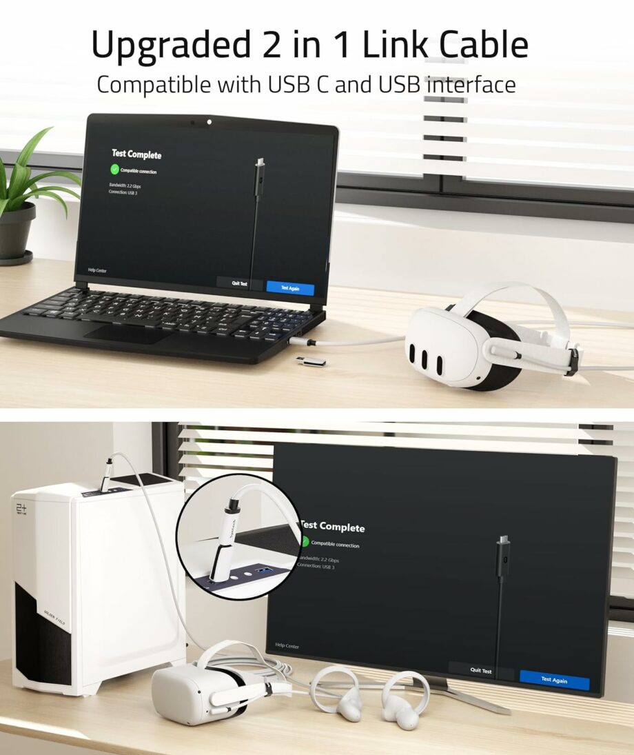 Syntech USB C Meta/Oculus Quest3/2, Pico4, Vision Pro Link Cable with USB 3.0 Adapter - 5M White
