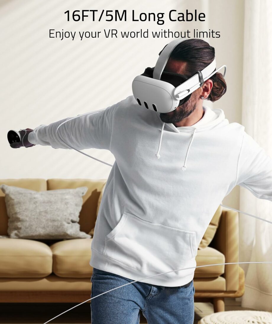 Syntech USB C Meta/Oculus Quest3/2, Pico4, Vision Pro Link Cable with USB 3.0 Adapter - 5M White
