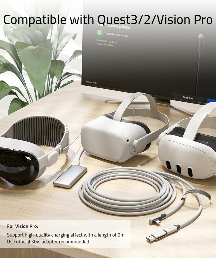 Syntech USB C Meta/Oculus Quest3/2, Pico4, Vision Pro Link Cable with USB 3.0 Adapter - 5M White