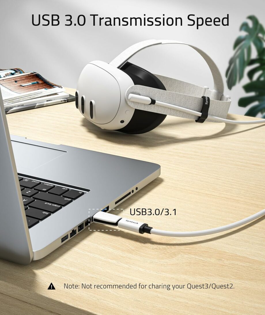 Syntech USB C Meta/Oculus Quest3/2, Pico4, Vision Pro Link Cable with USB 3.0 Adapter - 5M White