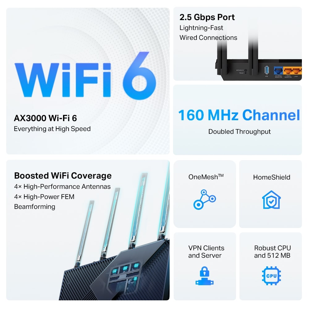 TP-Link AX3000 Multi-Gigabit Wi-Fi 6 Router with 2.5G Port (Archer AX55 Pro) Computer Hardware  |  Network  |  Routers  |  Wi-Fi 6 Routers  |