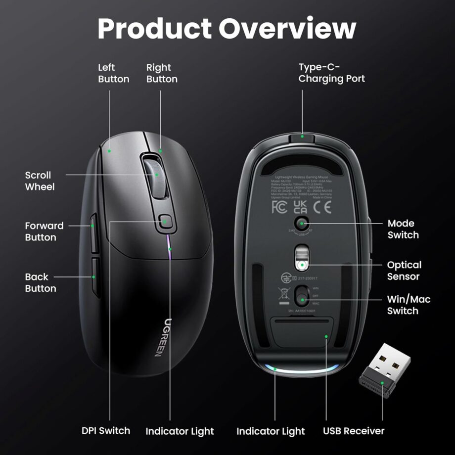 UGREEN Lightweight 2.4Ghz and Bluetooth Rechargeable Ergonomic Gaming Mouse - Black