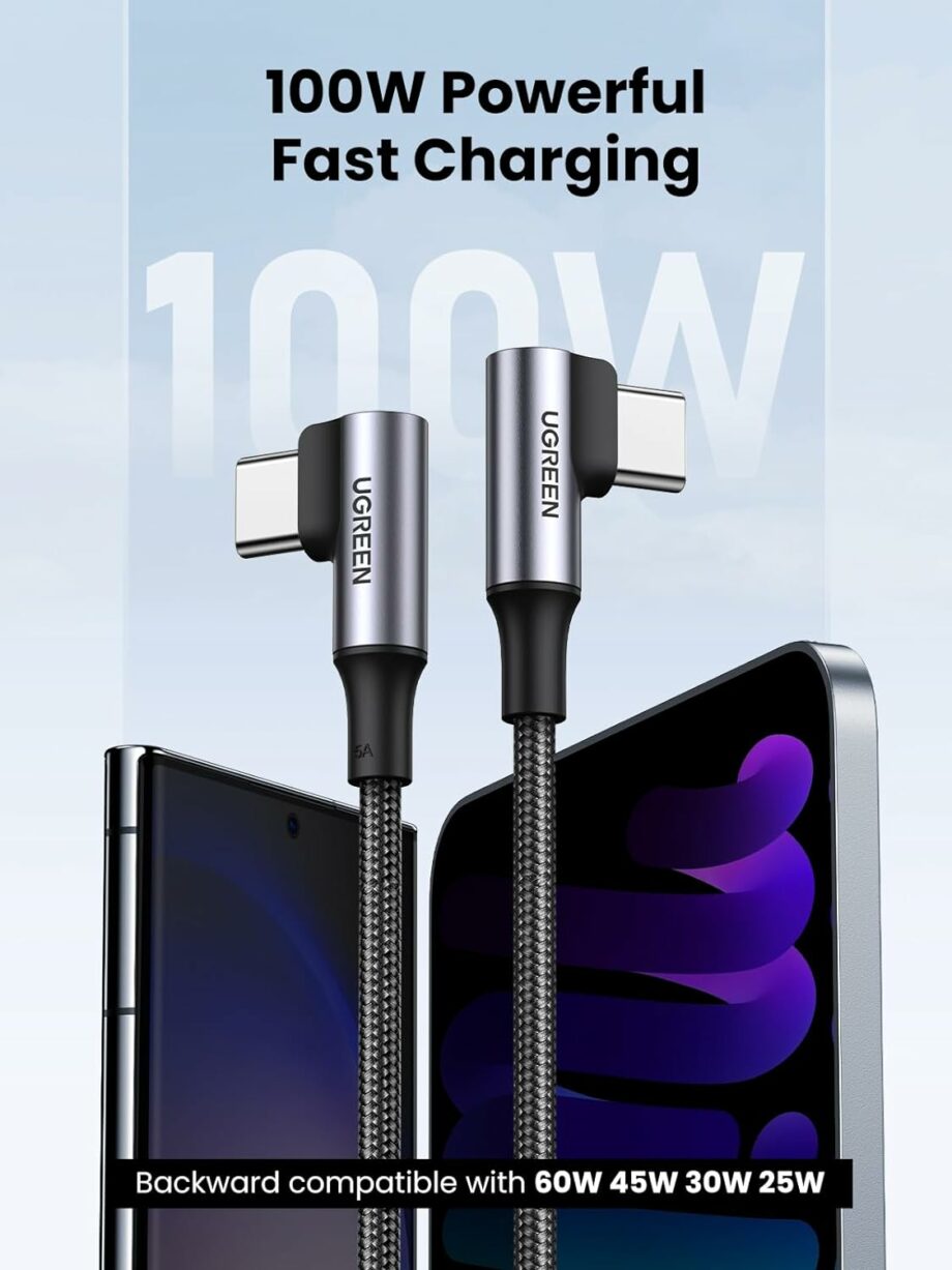 UGREEN 100W 90 Degree Angle Braided USB C to USB C Cable - 1M
