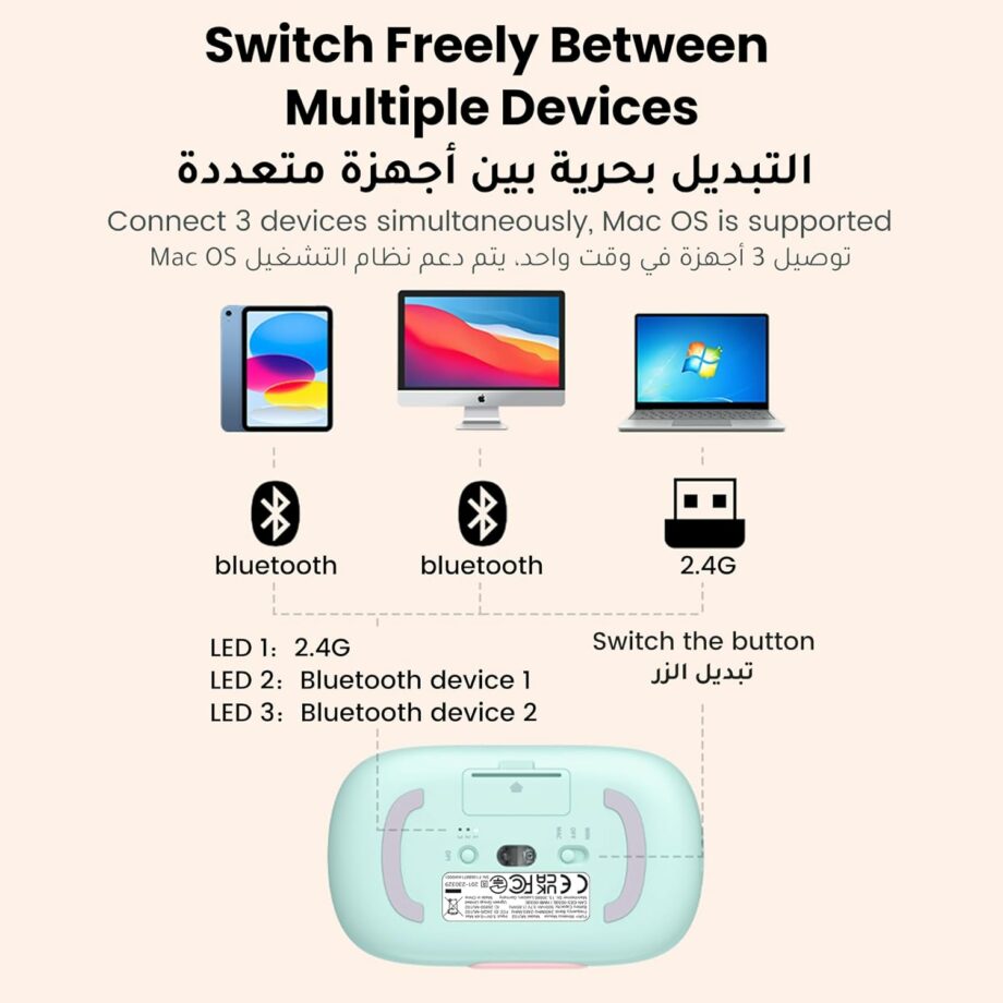UGREEN Fun+ Silent 2.4Ghz and Bluetooth Wireless Mouse - Pink
